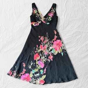Adrianna Papell silk black floral dress with pink accents